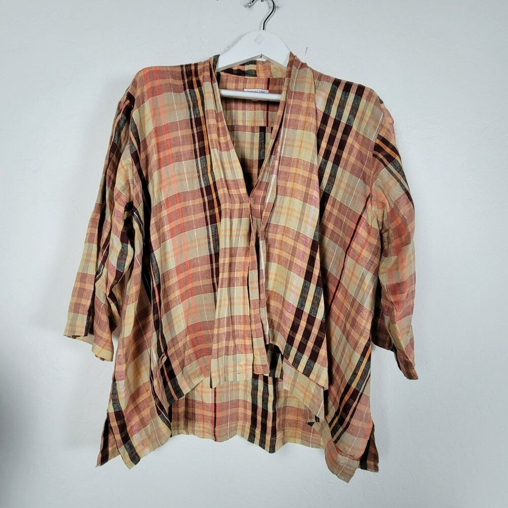 Banana Blue Women's Plaid V-Neck 3/4 Sleeve Casual Blouse Brown/Orange Small